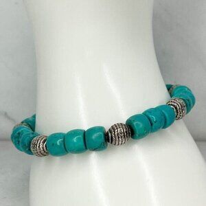Faux Turquoise and Silver Tone Beaded Stretch Bracelet